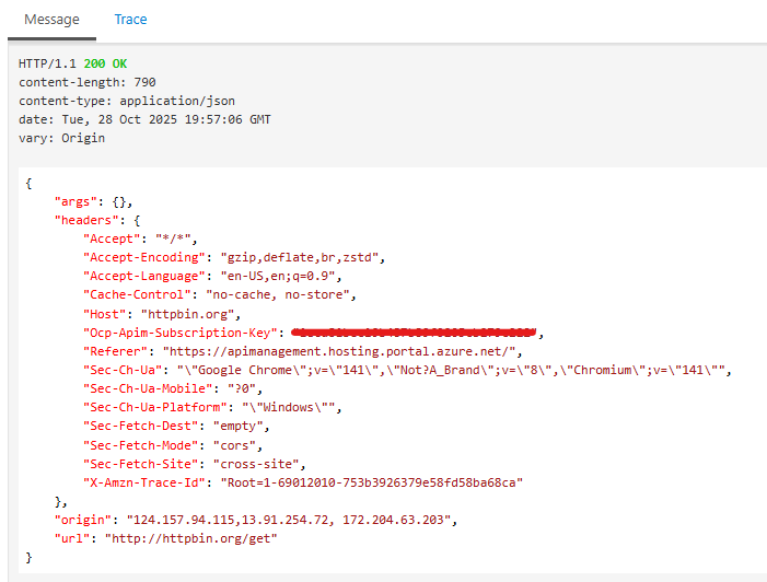 Figure 5 - Testing API - Response Message