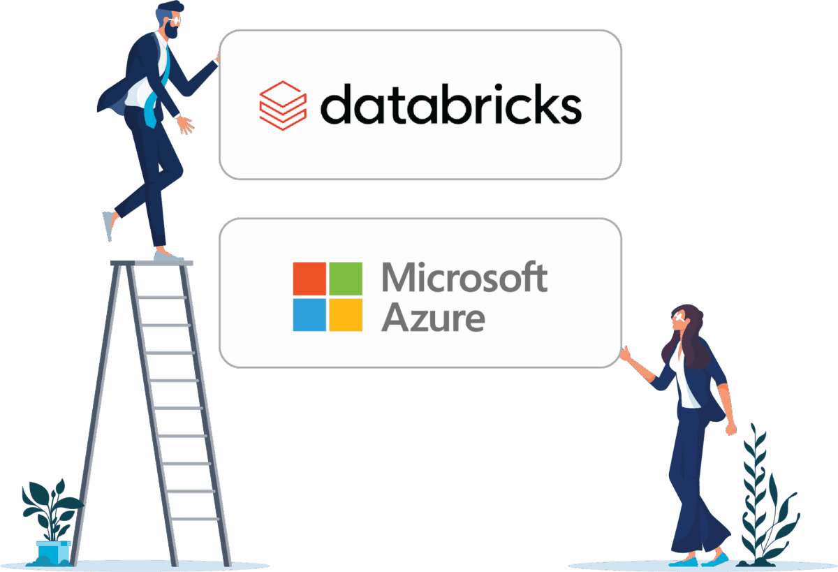 Azure Databricks tiles held up by two office workers vector