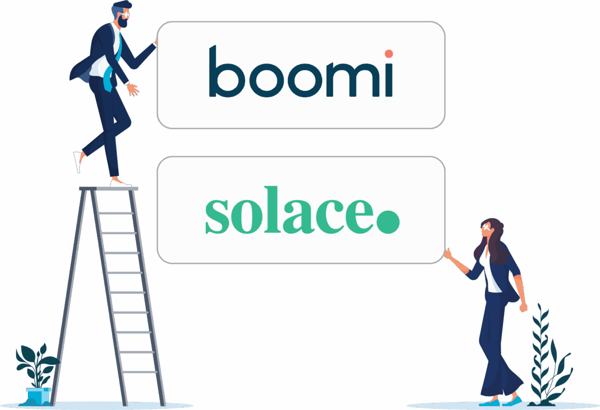 vectors of Boomi and Solace tiles held together by office workers