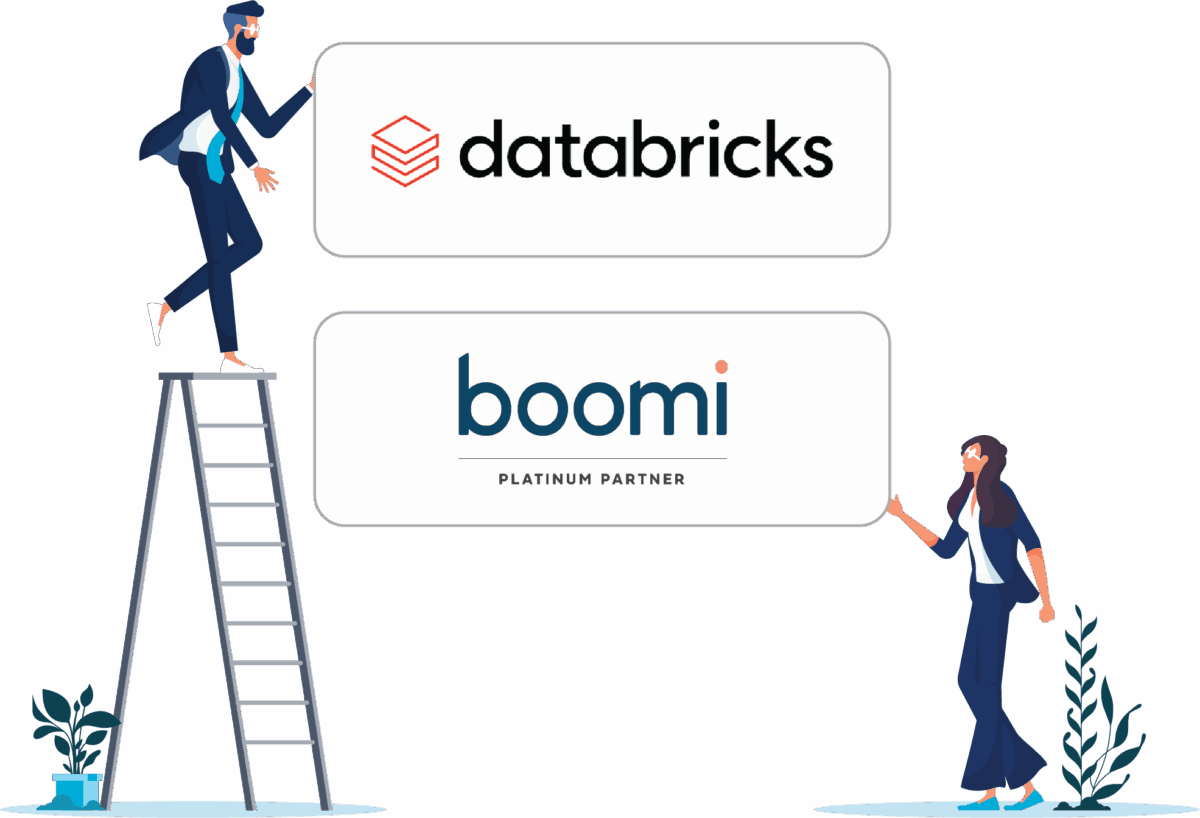 vector of two office workers holding up tiles with logos databricks and boomi