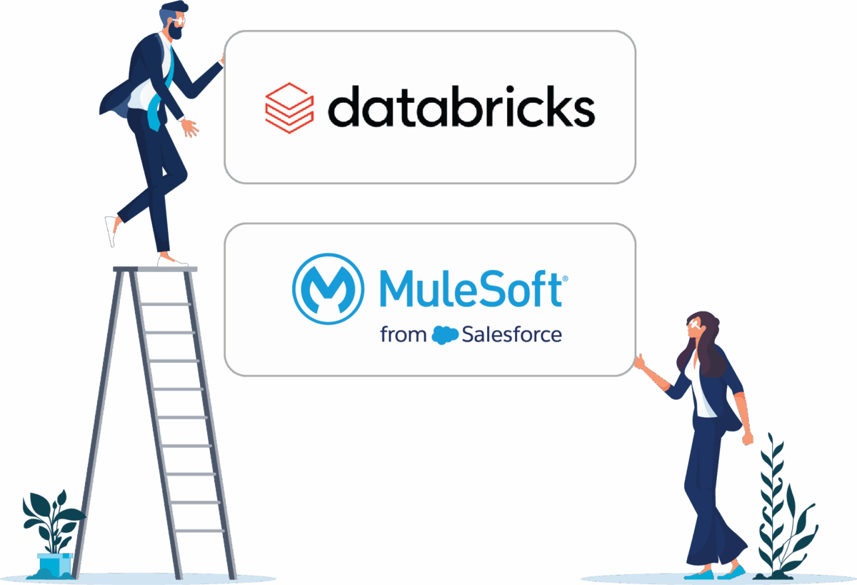 vector of two office workers holding databricks and mulesoft logos together