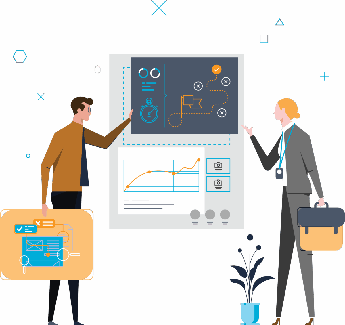 two office workers looking at dashboards