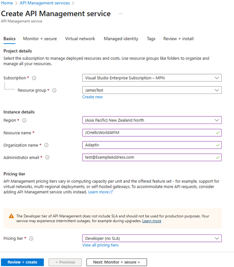 Figure 1 - Create API Management Service - Basic Settings