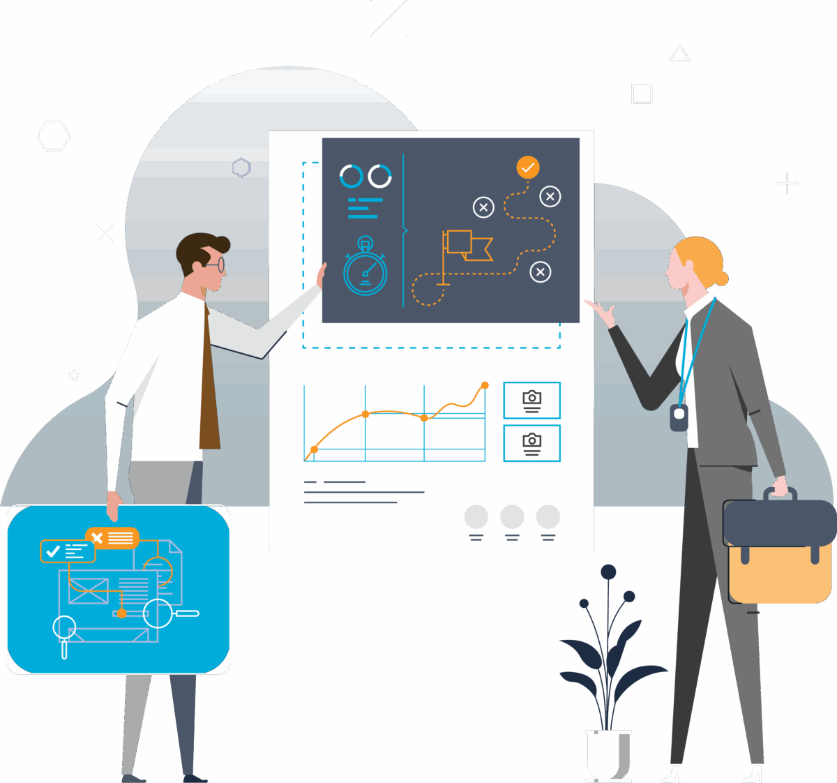 vector of two people analysing data graphs